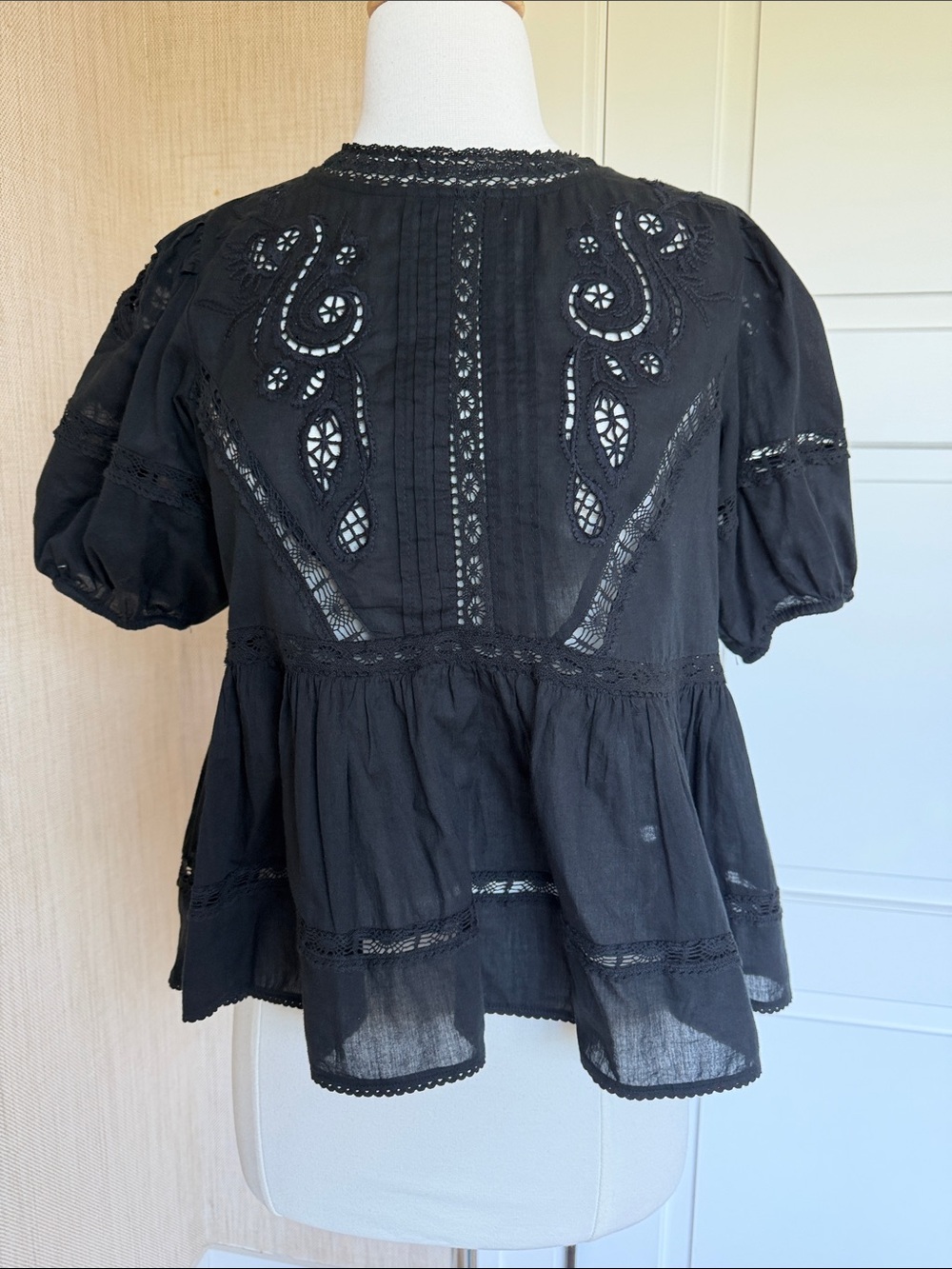 Zara Black Lace-Trim Peasant Blouse